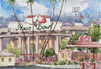 Watercolor painting of clouds over the Rose Bowl
