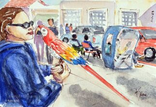 Enrique Macaw on the parade route of the Tournament of Roses Parade.