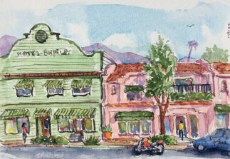 Watercolor of shops in Sierra Madre, CA